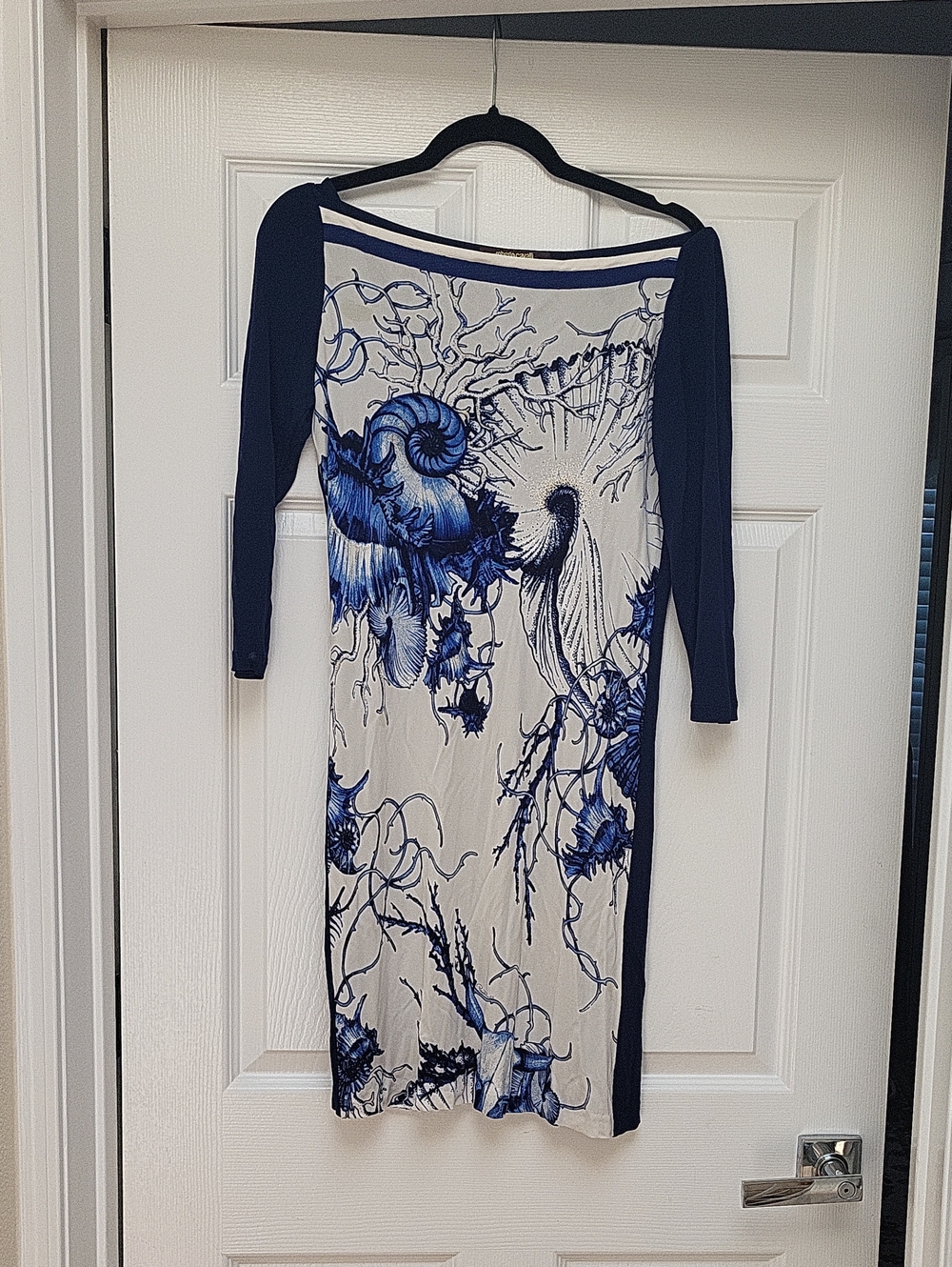 Roberto Cavalli Navy and White Ocean Themel-Print Long Sleeve Dress. Bateau Neck